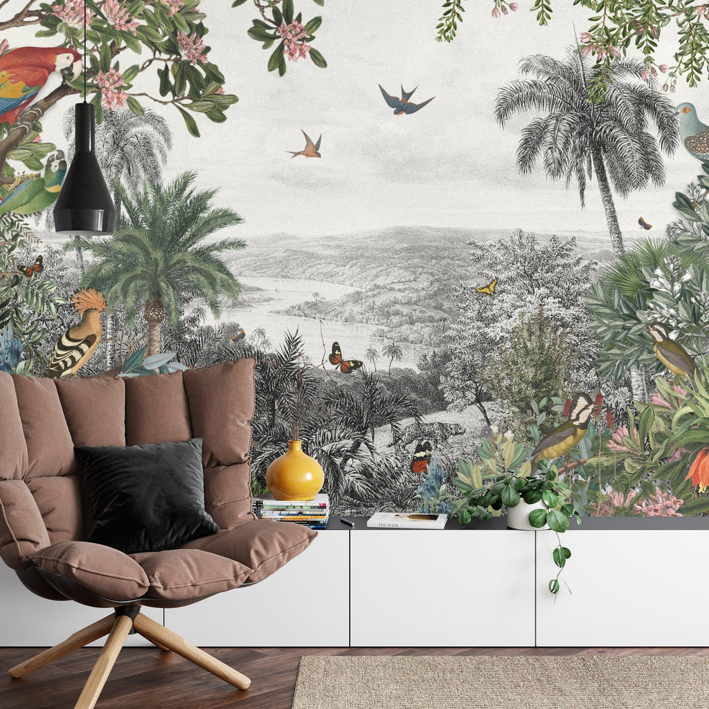 Tropical Paradise Wallpaper creating a stunning focal point in a modern living room with natural light