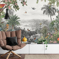 Tropical Paradise Wallpaper creating a stunning focal point in a modern living room with natural light
