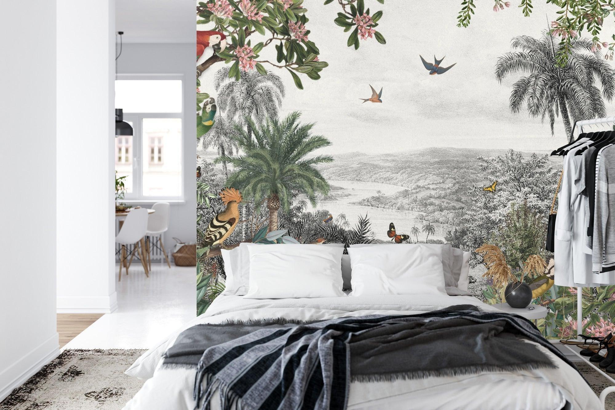 Exotic birds and butterflies wallpaper bringing color to a calm bedroom setting