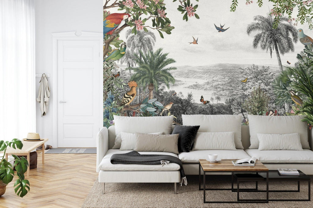 Paradise mural wallpaper enhancing a home office with its vintage botanical style