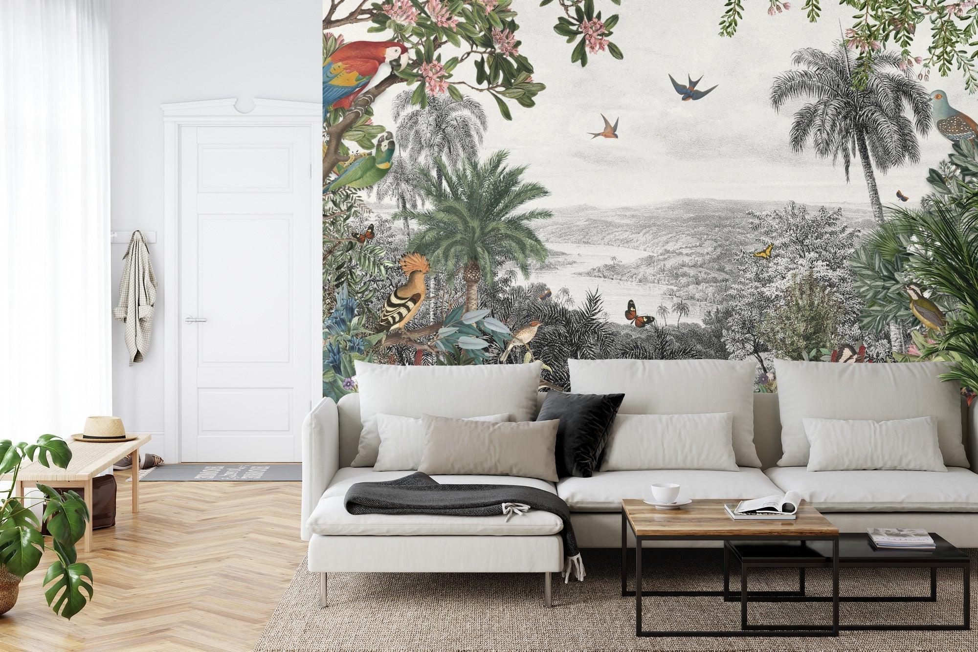 Paradise mural wallpaper enhancing a home office with its vintage botanical style