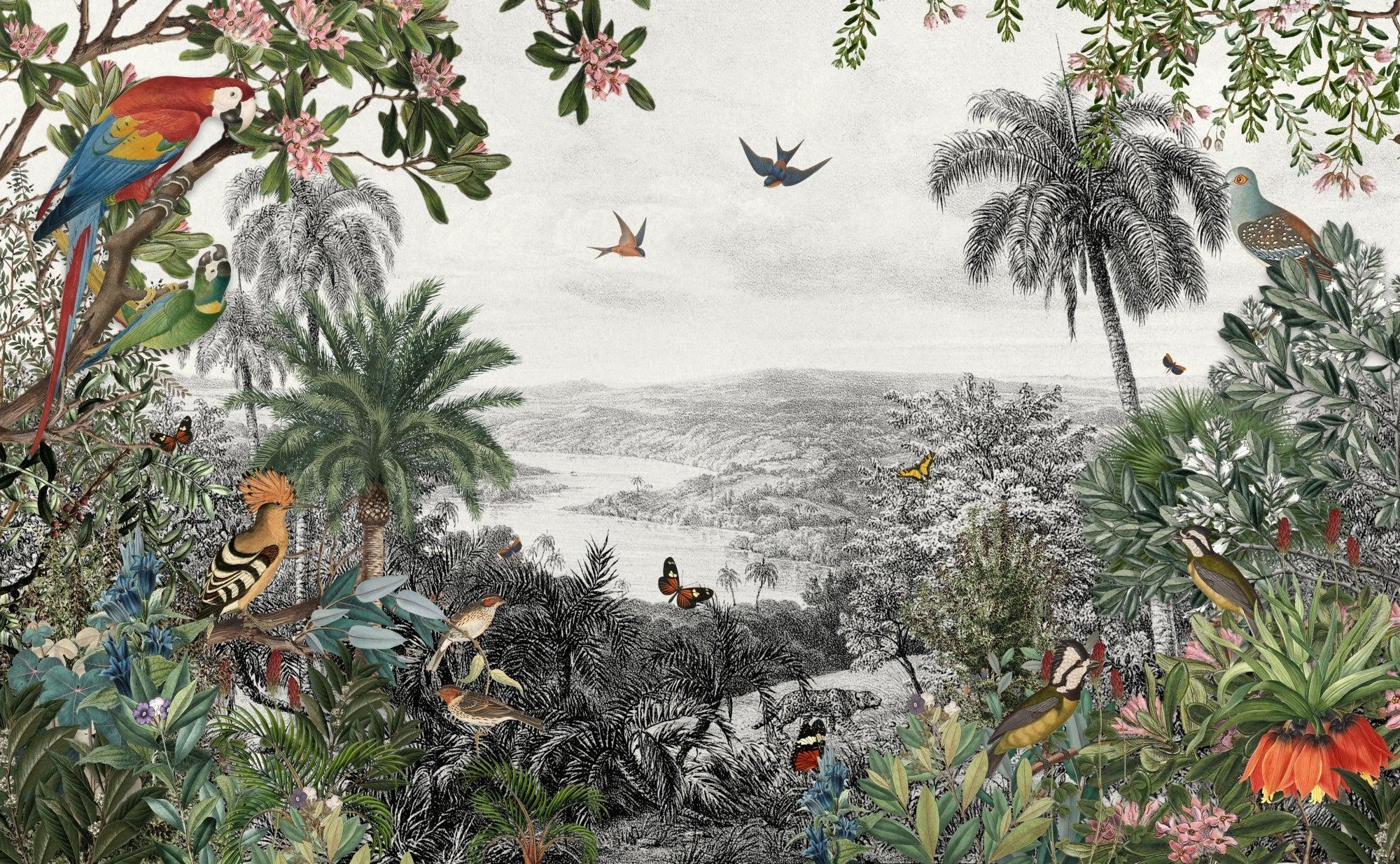 Design file showing detailed tropical paradise pattern with vintage birds and butterflies