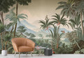 Tropical landscape wallpaper creating a serene focal point in a modern living room with natural light