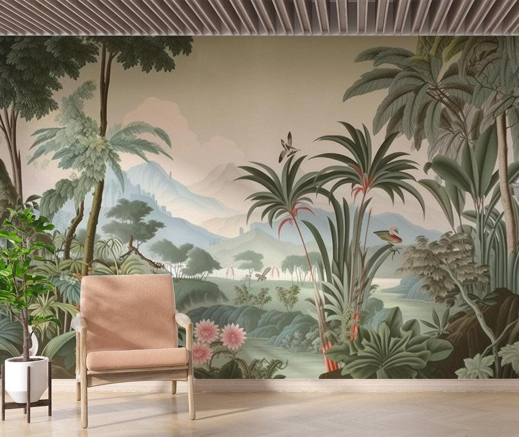 Vintage botanical mountain mural transforming a bedroom into a peaceful tropical paradise