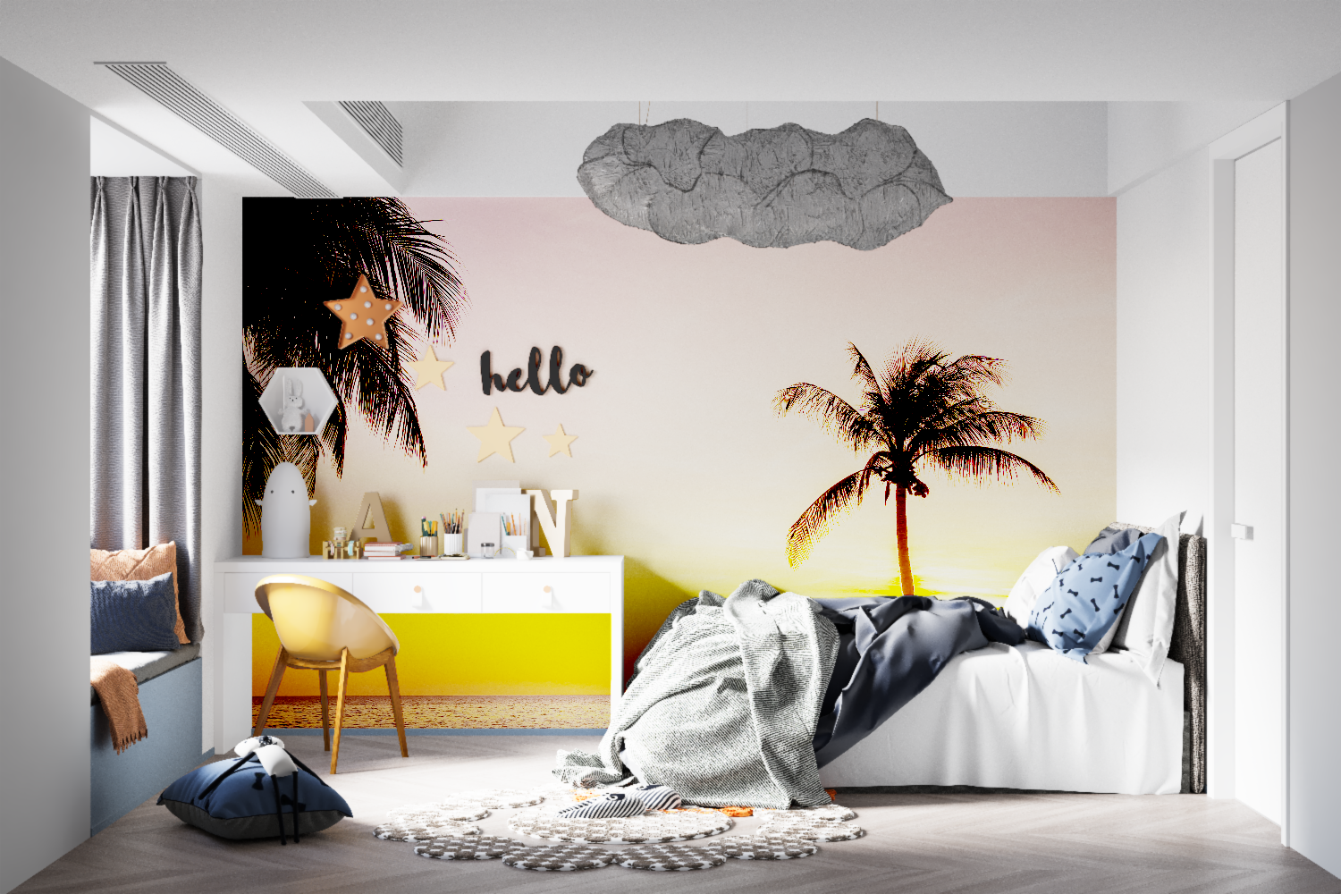 Beach paradise mural wallpaper creating cozy atmosphere in master bedroom