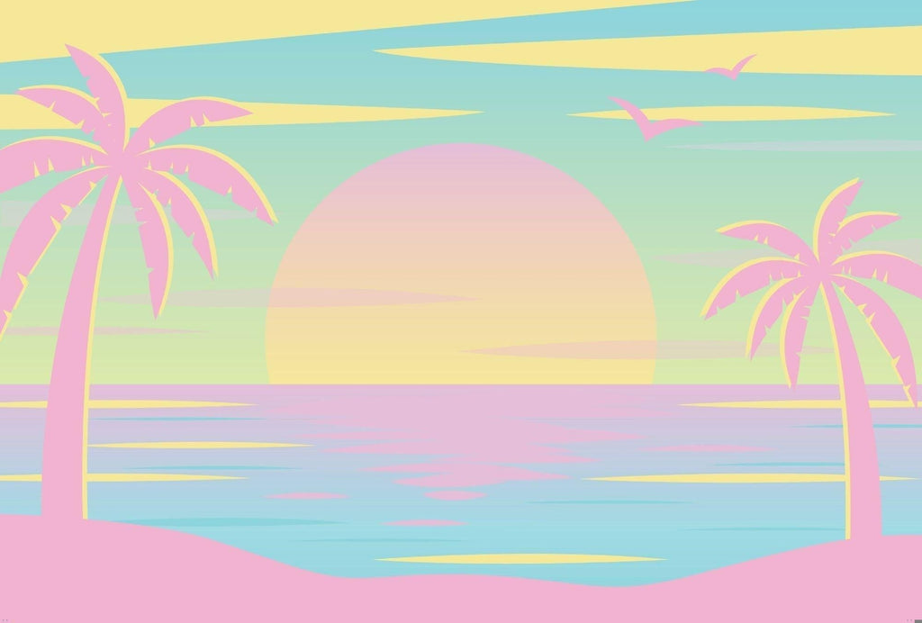 Tropical sunset wallpaper design file showing detailed pastel palm trees and golden sun pattern