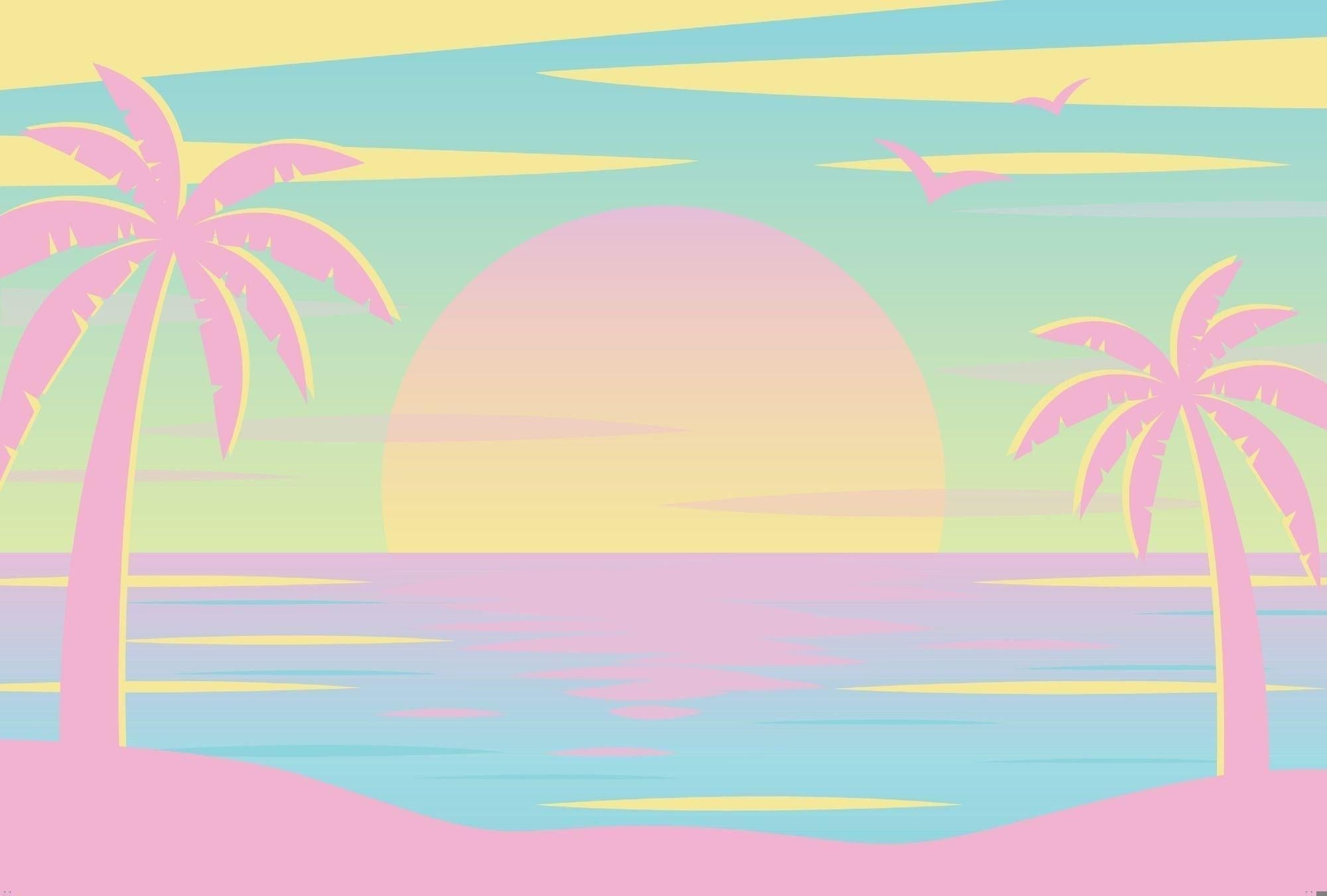 Tropical sunset wallpaper design file showing detailed pastel palm trees and golden sun pattern