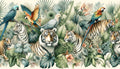 Tropical wildlife wallpaper with tigers and birds creating a stunning focal point in a modern living room