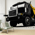 Industrial truck wallpaper bringing bold style to a modern playroom, black and yellow design creating dynamic impact