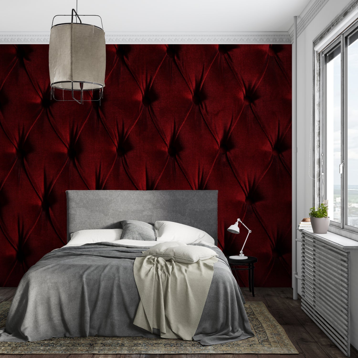 Close-up of velvet textured burgundy wallpaper in a cozy dining room setting