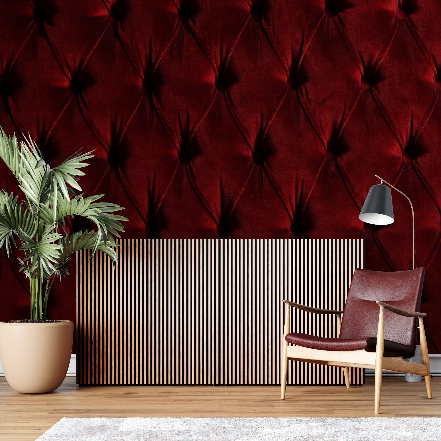 Master bedroom featuring burgundy tufted wallpaper with evening lighting