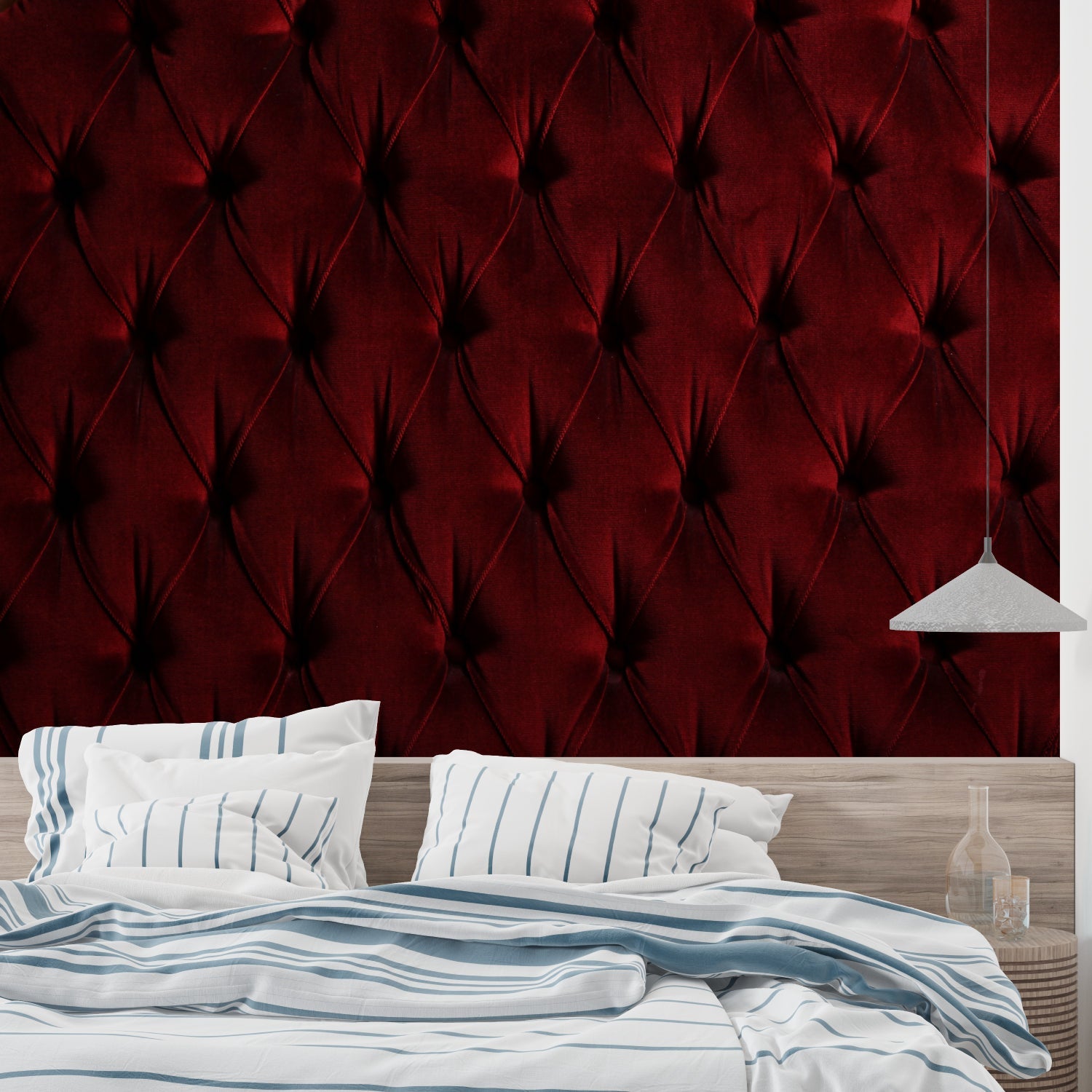 Home office wall with 3D burgundy velvet effect wallpaper and modern furniture
