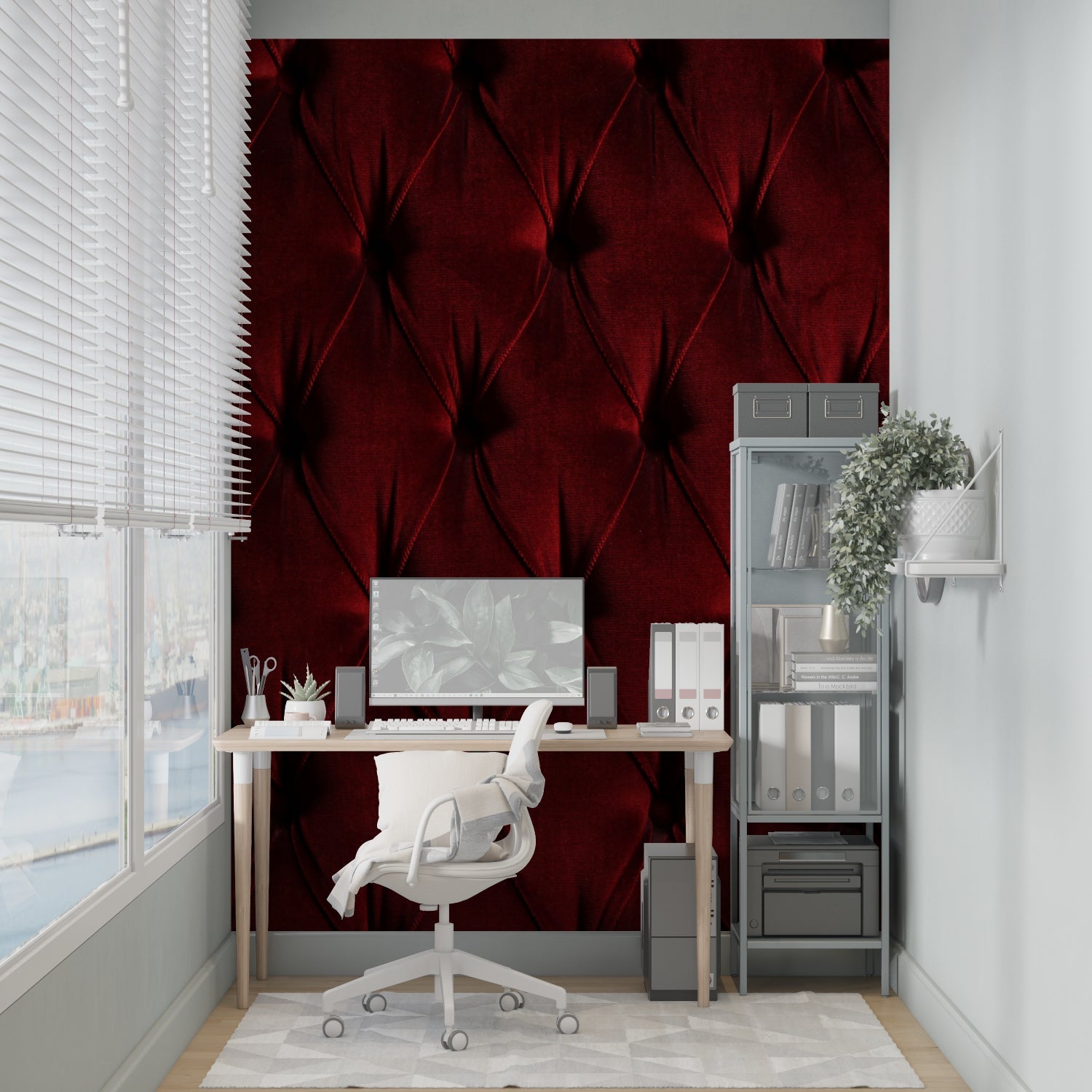 Luxury hotel lobby showcasing tufted burgundy wallpaper with spot lighting