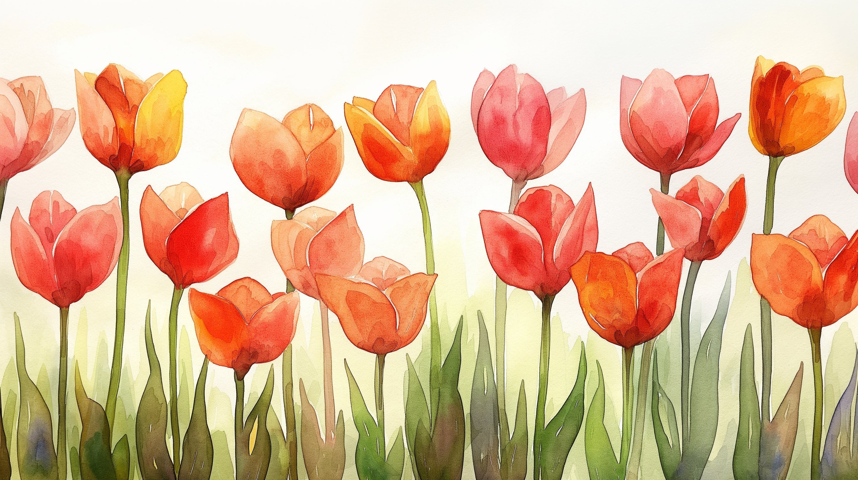 Watercolor Tulip Wallpaper creating a bright, airy atmosphere in a modern living room with natural light