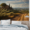 Tuscan countryside wallpaper creating depth in modern living room with natural light