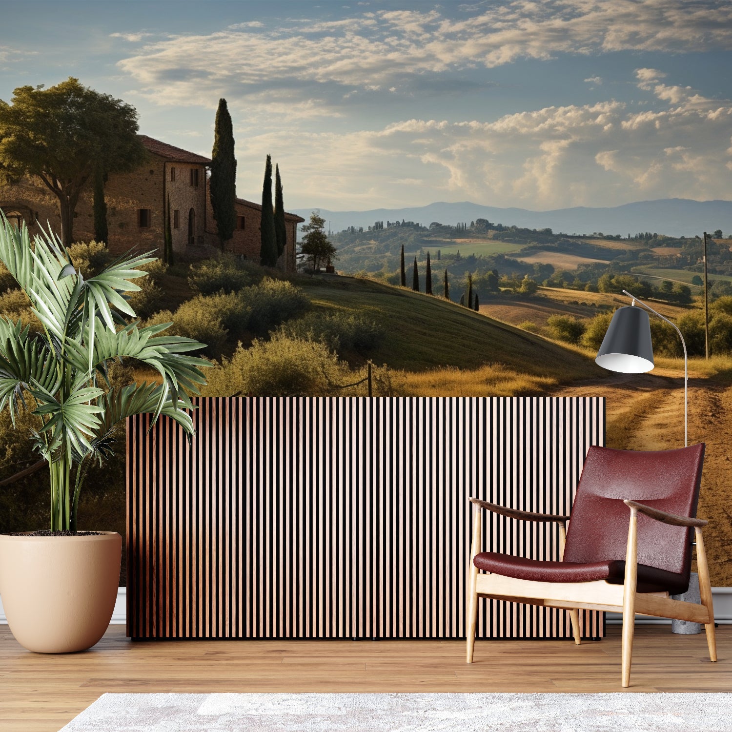 Tuscan villa wallpaper making hallway feel more open and bright