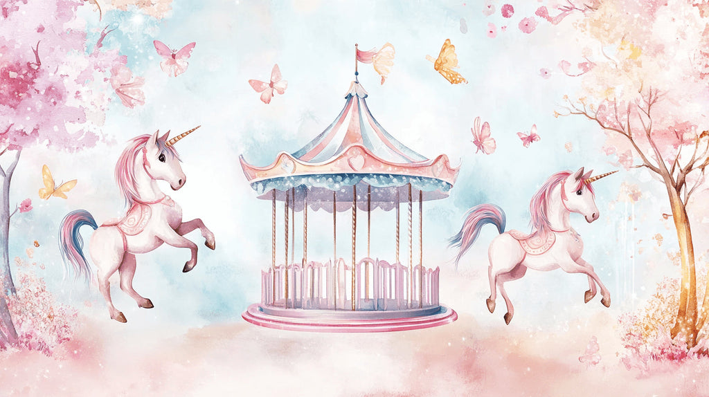 Design file of magical unicorn carousel pattern with butterflies and dreamy pastel colors