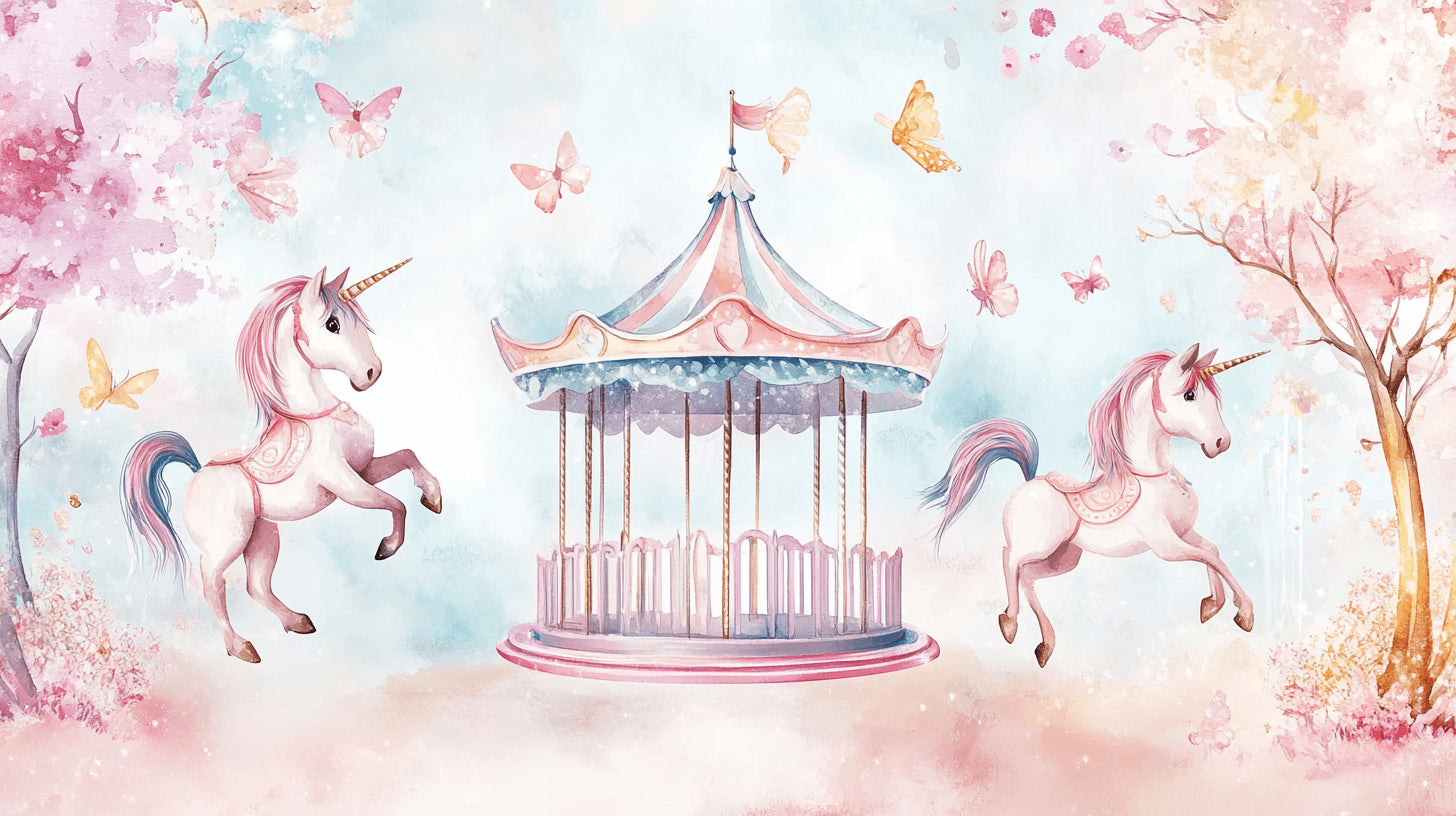 Design file of magical unicorn carousel pattern with butterflies and dreamy pastel colors