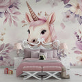 Magical Unicorn Wallpaper in modern girl's bedroom with pink accents and white furniture