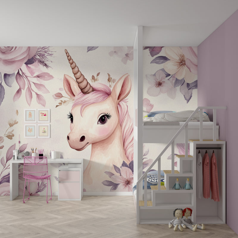 Pink Unicorn Wall Mural creating dreamy atmosphere in nursery setting