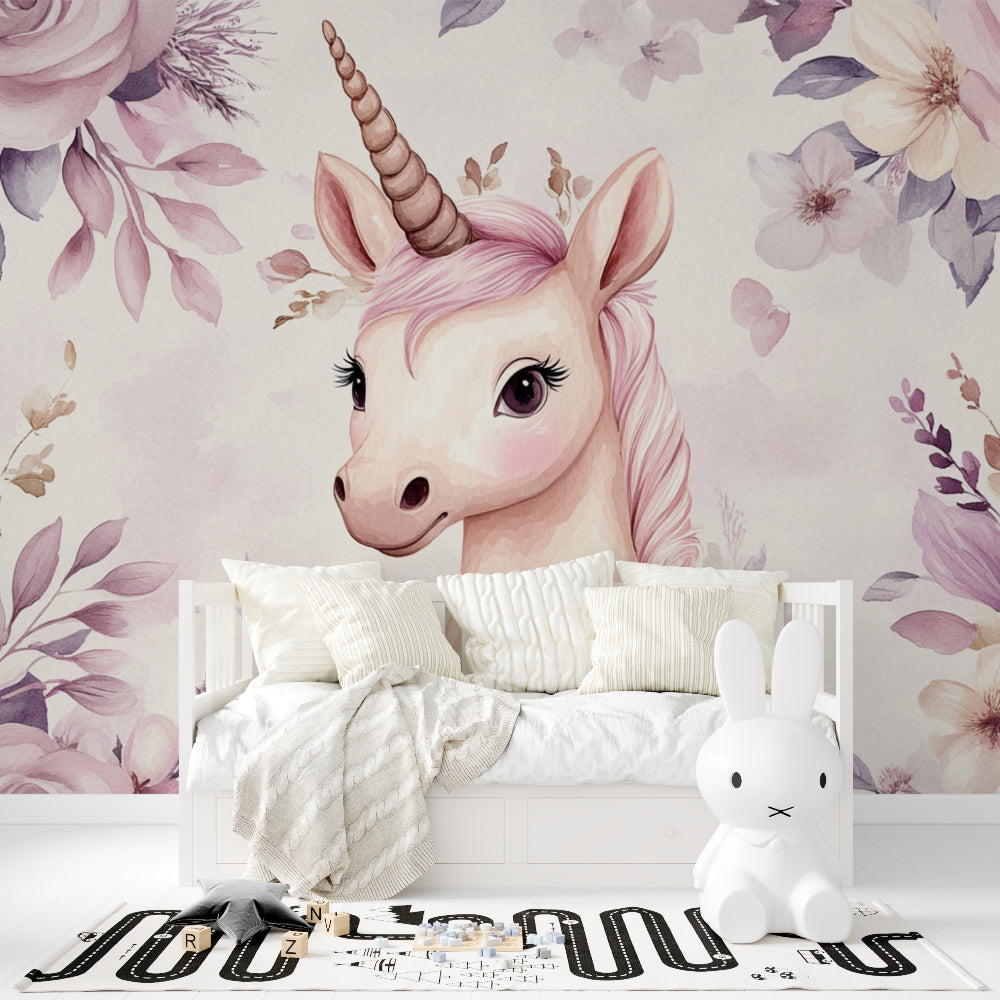Unicorn Mural displayed in children's bedroom with soft lighting