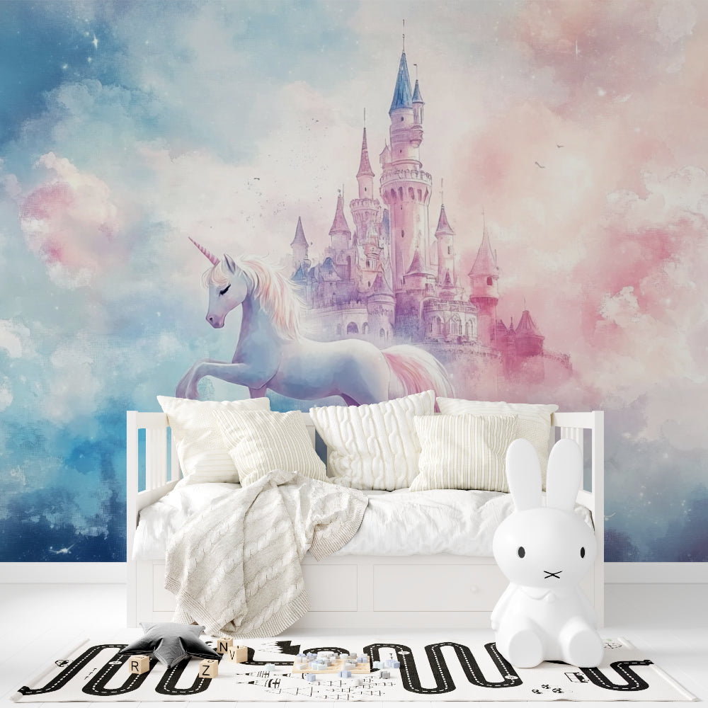 Unicorn castle wallpaper in a bright girl's bedroom with princess-themed decor