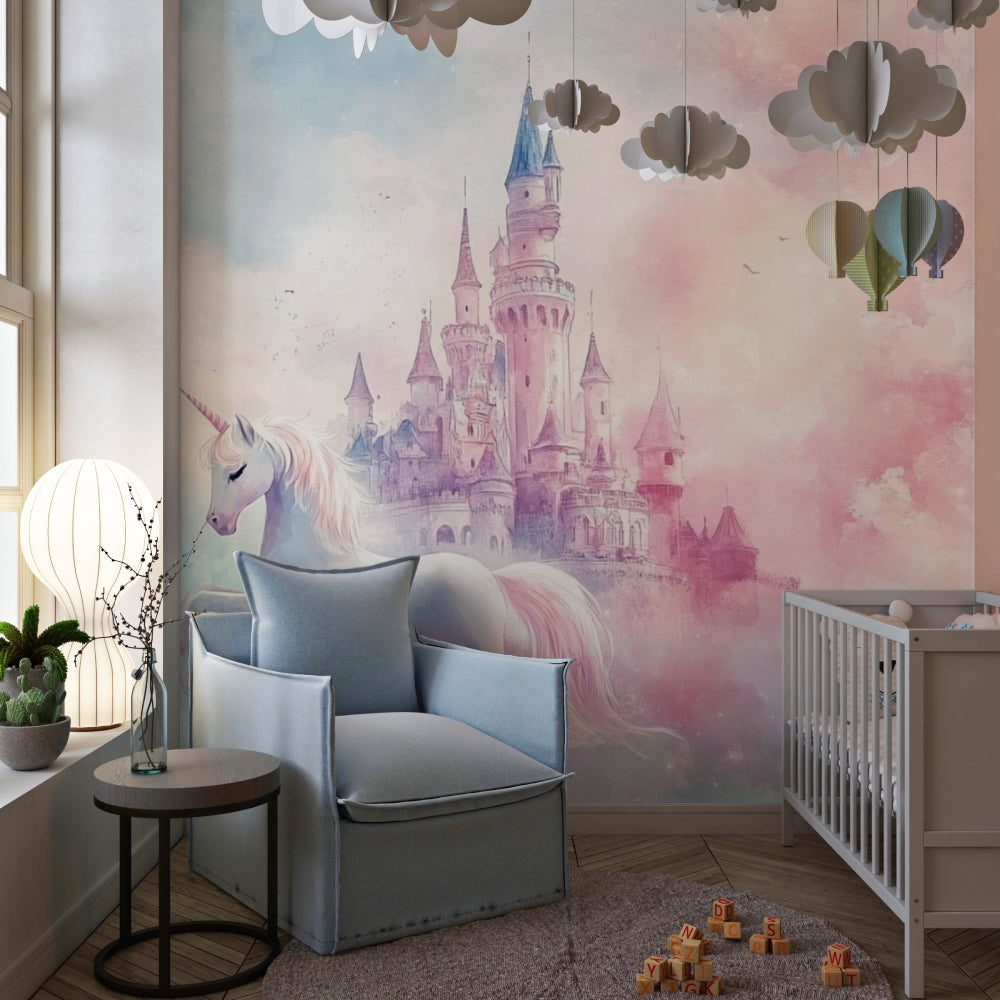 Pink and blue unicorn mural in a modern playroom setting
