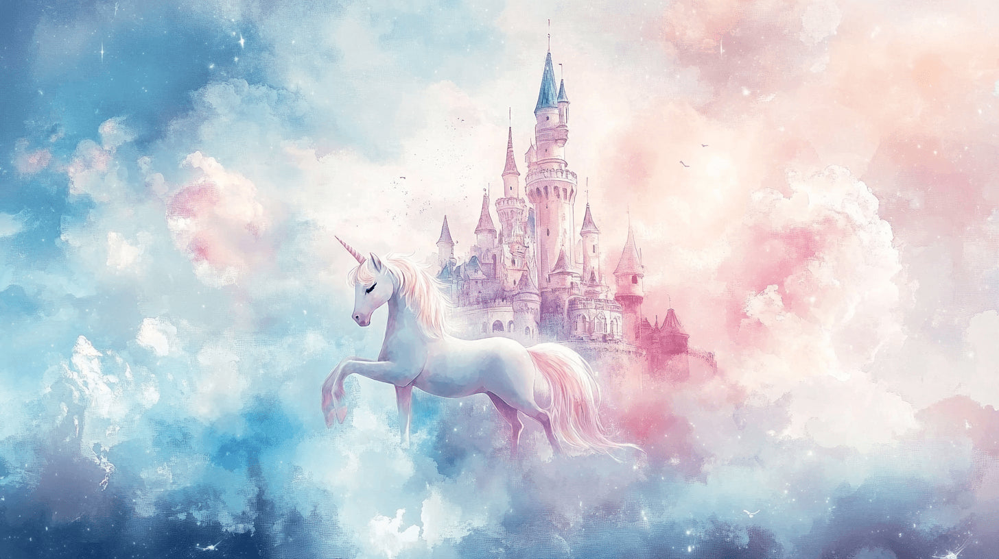Design file showing detailed unicorn and castle pattern with pink and blue cloud elements