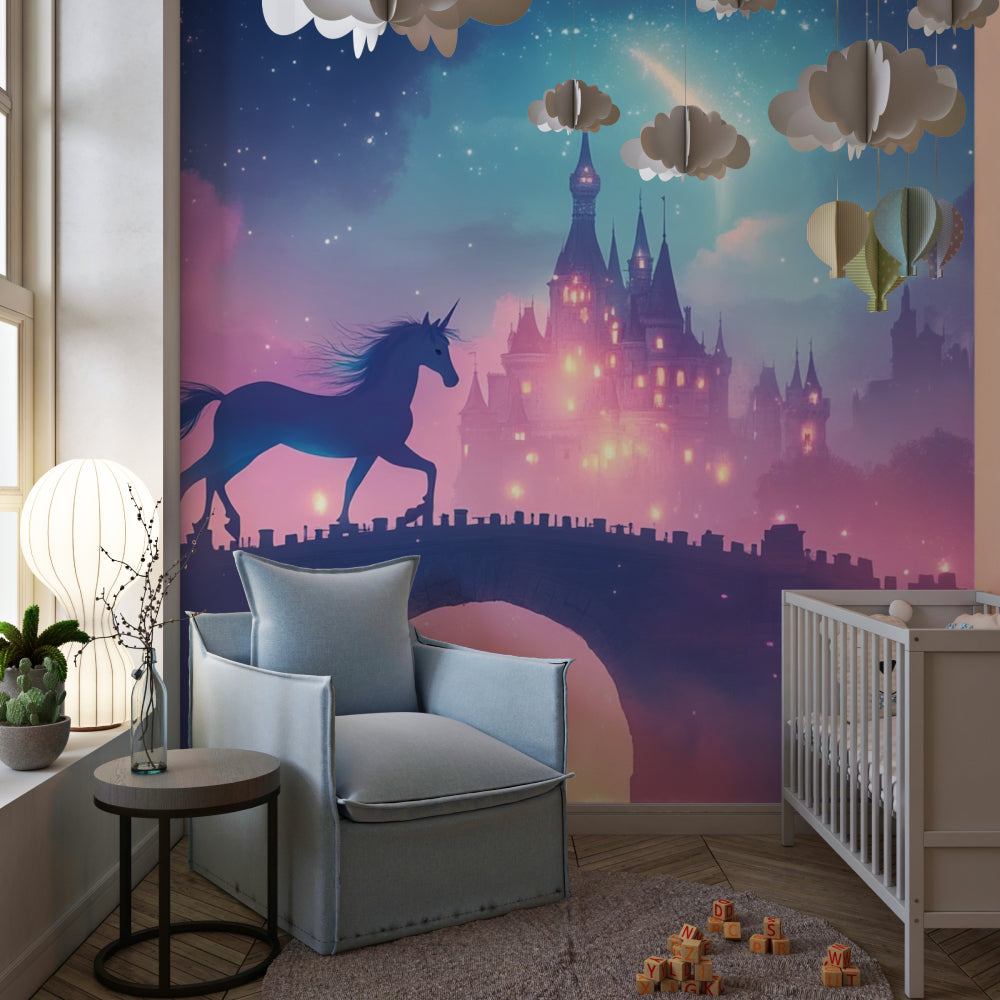 Magical princess wallpaper transforming a playroom into an enchanted space with unicorn and castle design