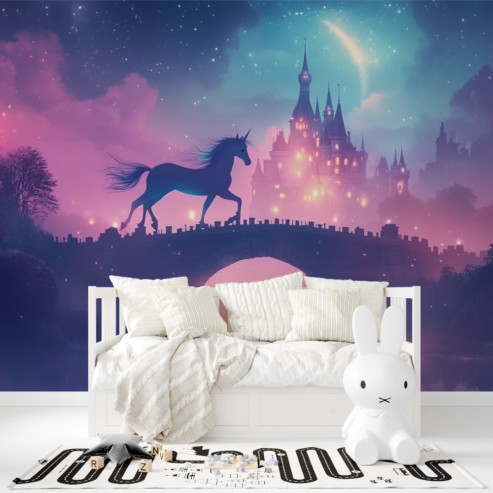 Fantasy unicorn wallpaper bringing wonder to a nursery with gentle twilight colors