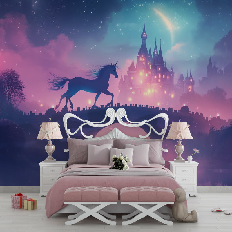 Unicorn mural displayed in a modern children's bedroom with pink and purple accents