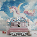 Unicorn wallpaper mural bringing magic to a bright kids bedroom with pink and white furniture