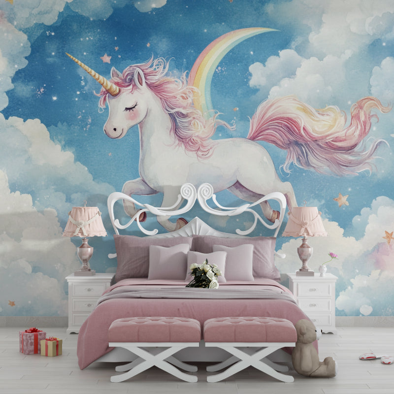 Unicorn wallpaper mural bringing magic to a bright kids bedroom with pink and white furniture