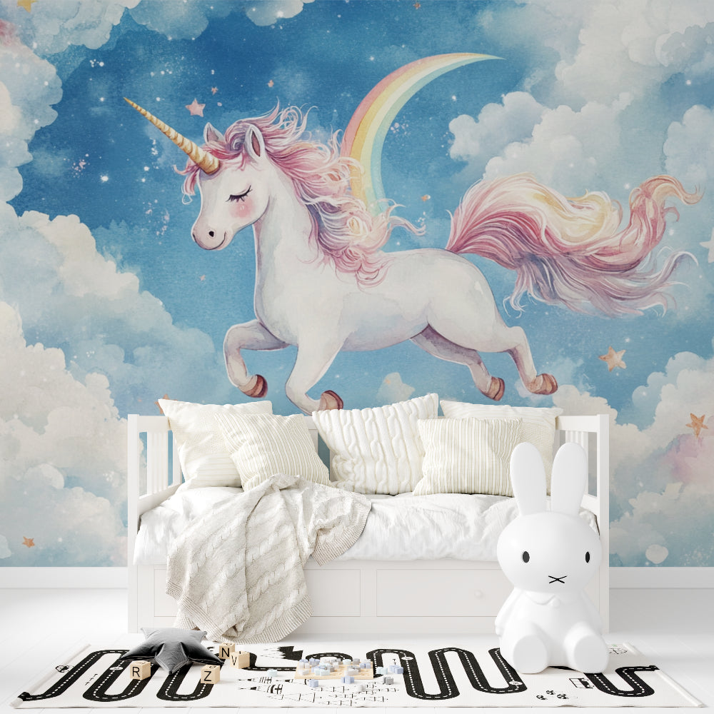 Magical unicorn mural creating a dreamy atmosphere in a girl's nursery