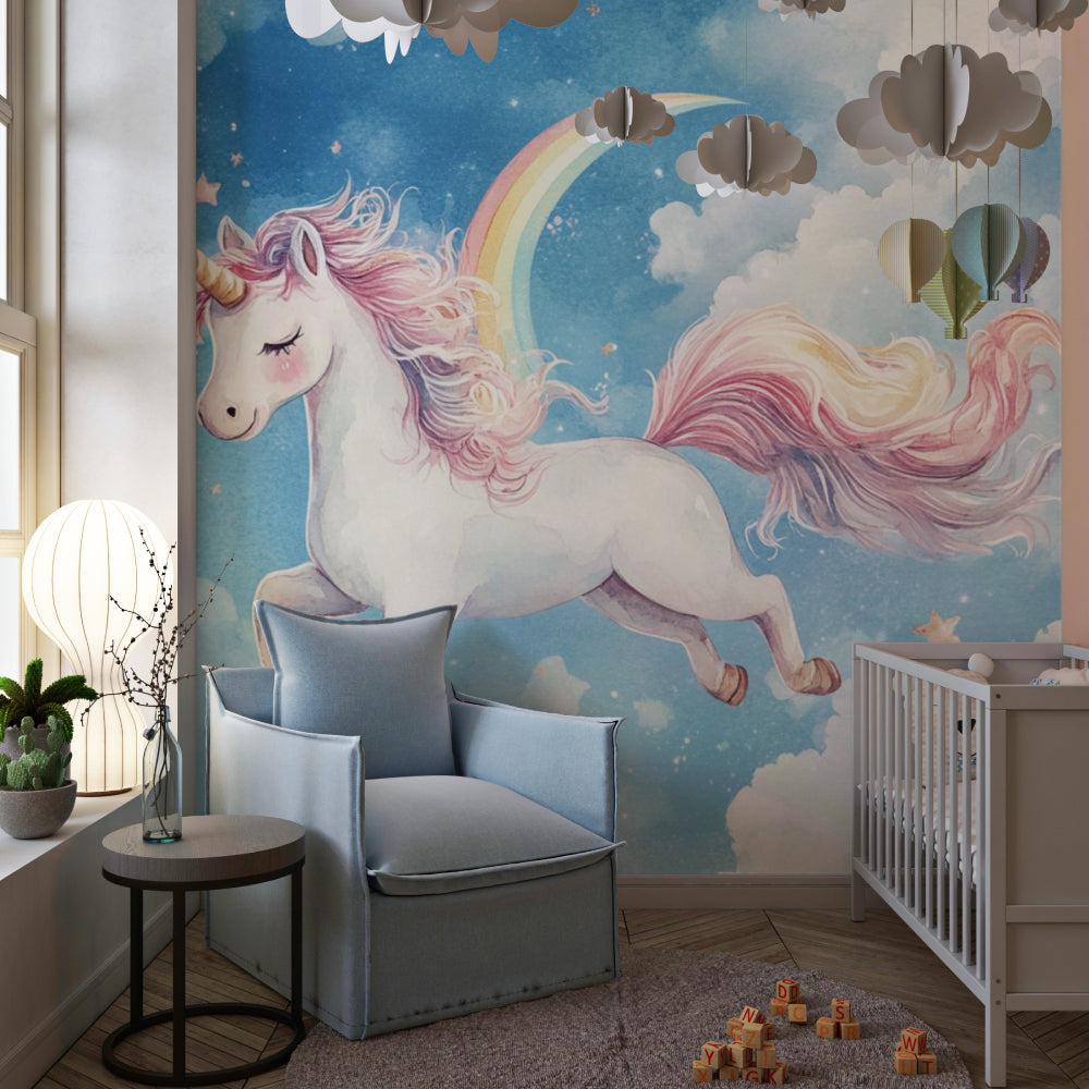 Fantasy unicorn wall mural adding whimsy to a reading nook