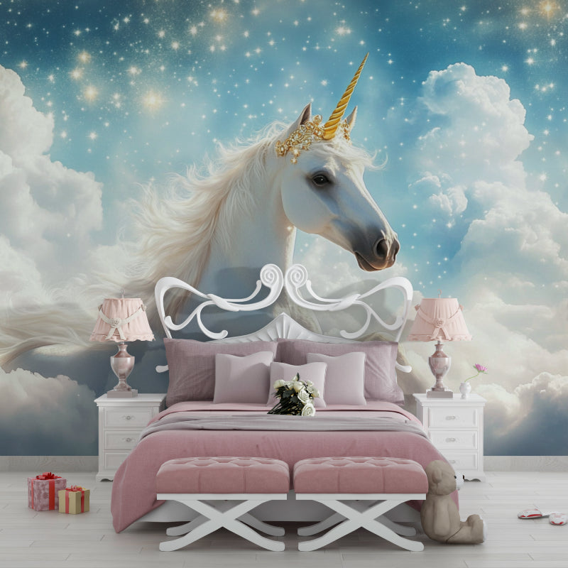 Magical Unicorn Wallpaper transforming a girl's bedroom with soft golden starlight and dreamy atmosphere