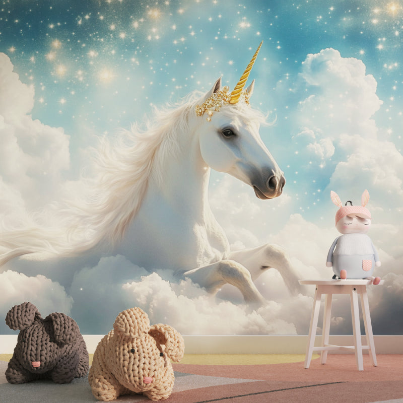 Unicorn Wall Mural creating an enchanting play area with celestial blues and sparkling stars
