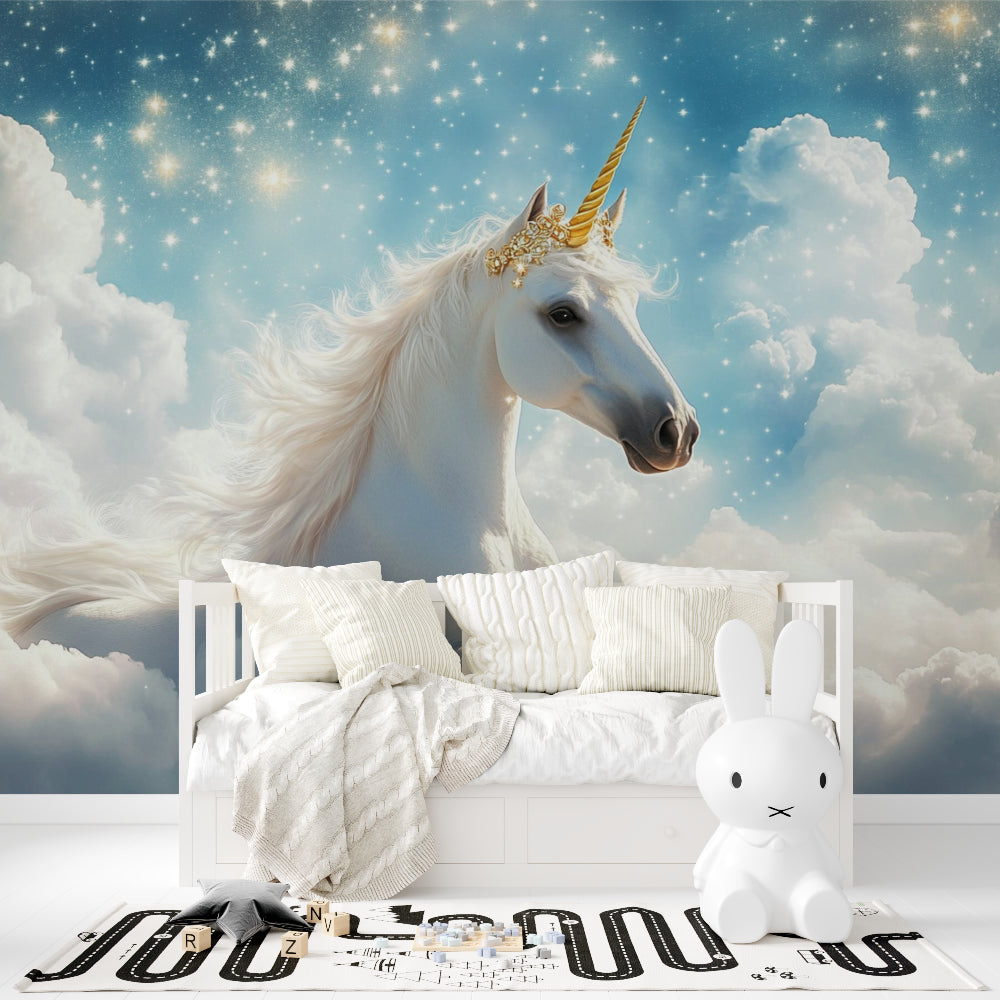 Fantasy Unicorn Wallpaper bringing magic to a nursery with gentle colors and golden accents