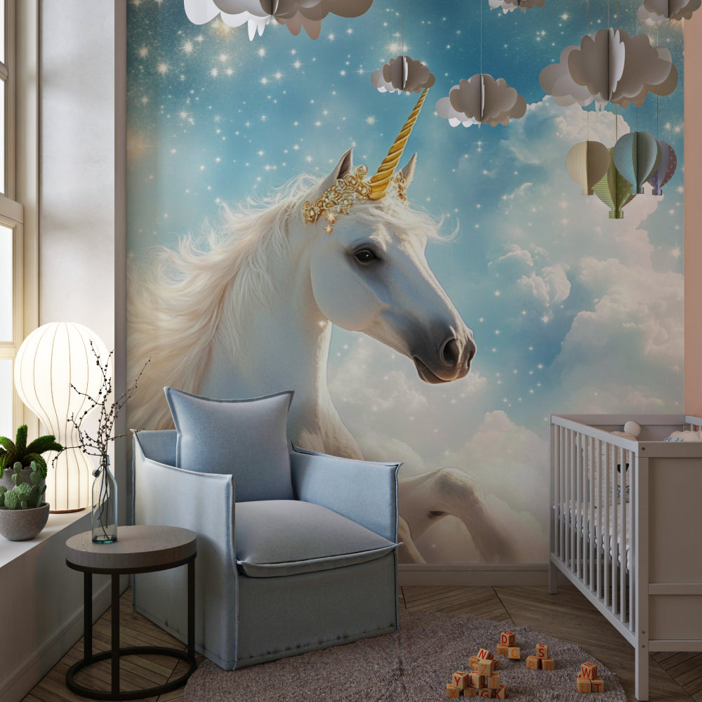 Unicorn Mural displayed in a modern children's playroom with magical starlit effect