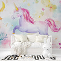 Magical Unicorn Wallpaper transforming a cozy children's bedroom with soft purple and pink tones