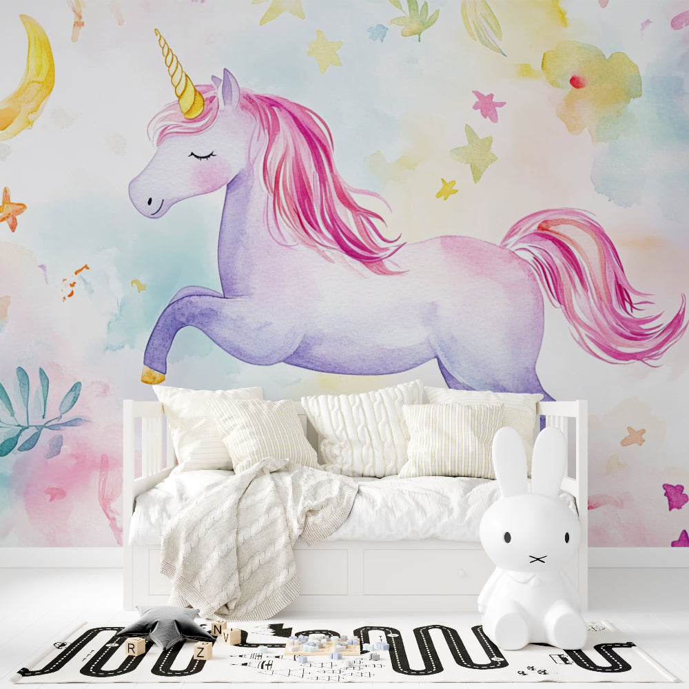 Magical Unicorn Wallpaper transforming a cozy children's bedroom with soft purple and pink tones