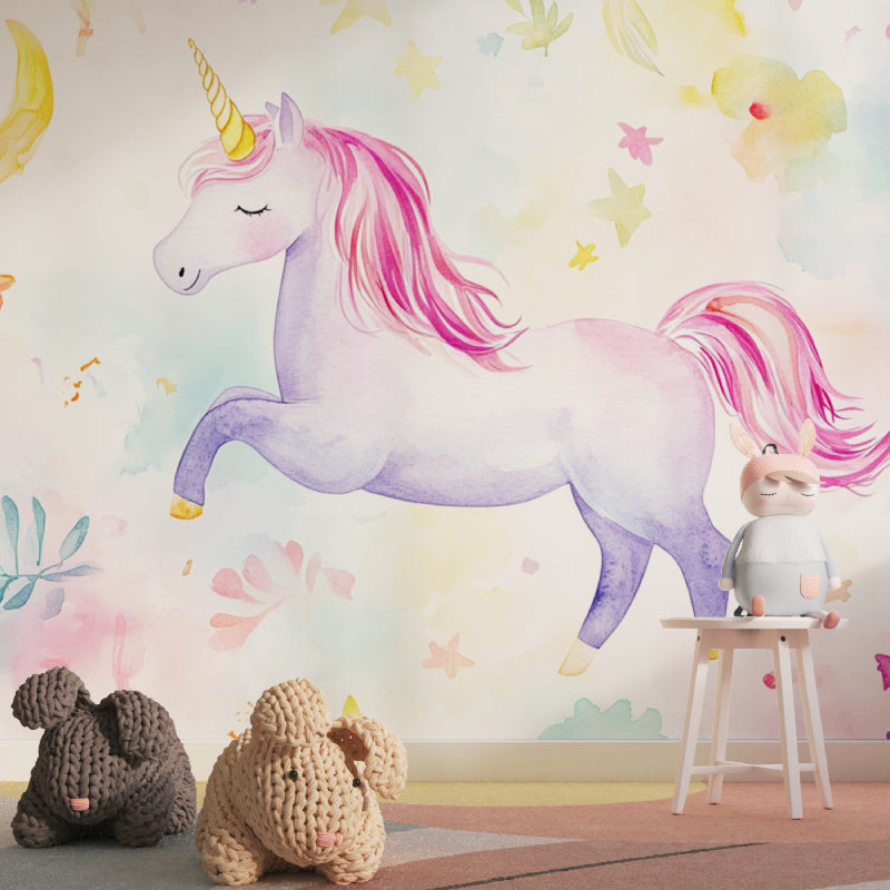 Fantasy Unicorn Wallpaper brightening a girl's playroom with watercolor effects