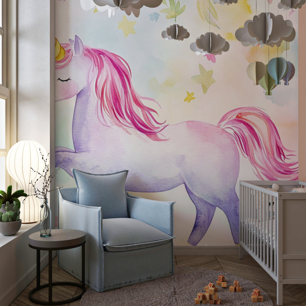 Dreamy Unicorn Mural displayed in a reading nook with moon and stars