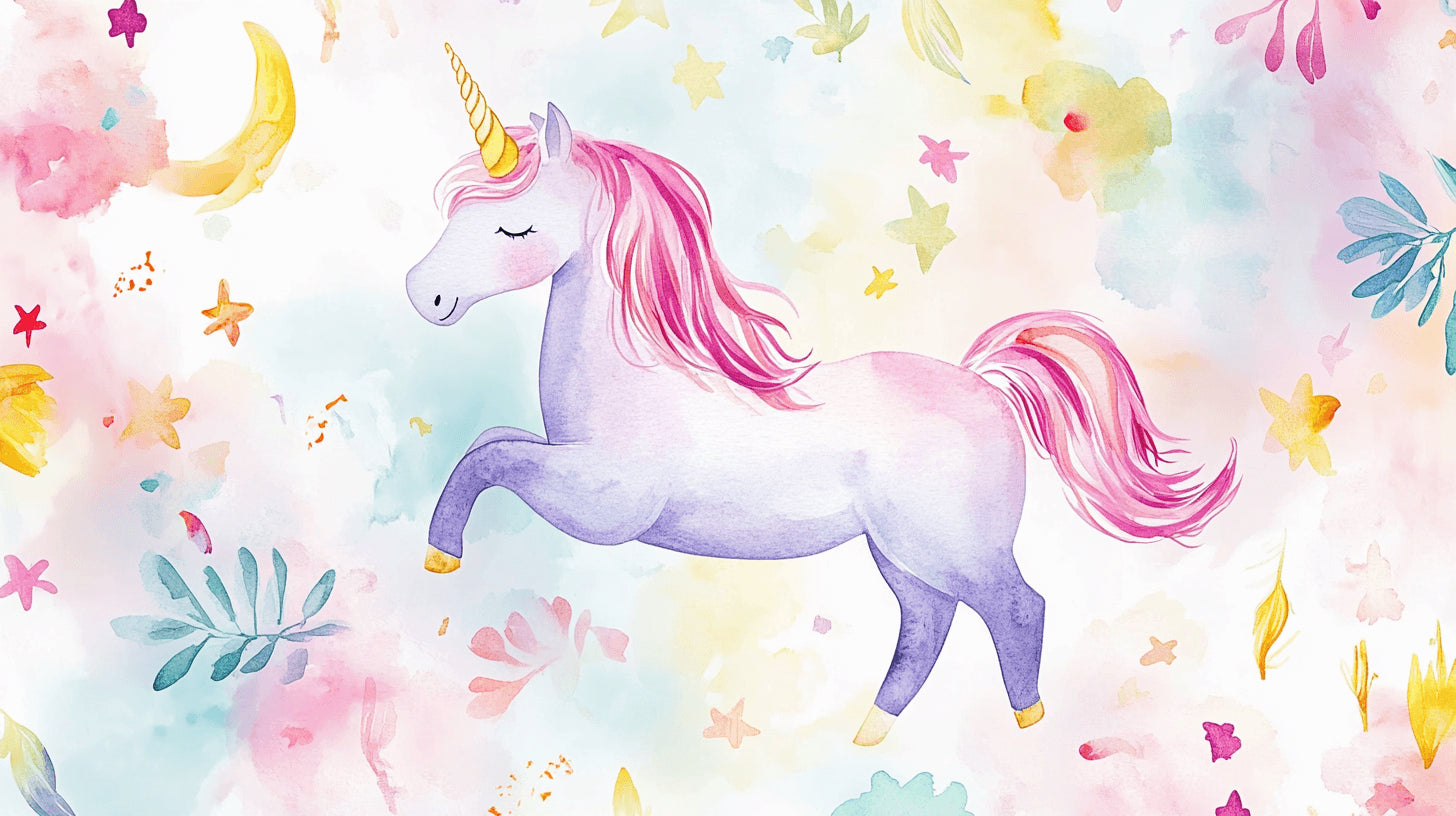 Unicorn Wallpaper design file showing detailed watercolor pattern with stars and moon elements