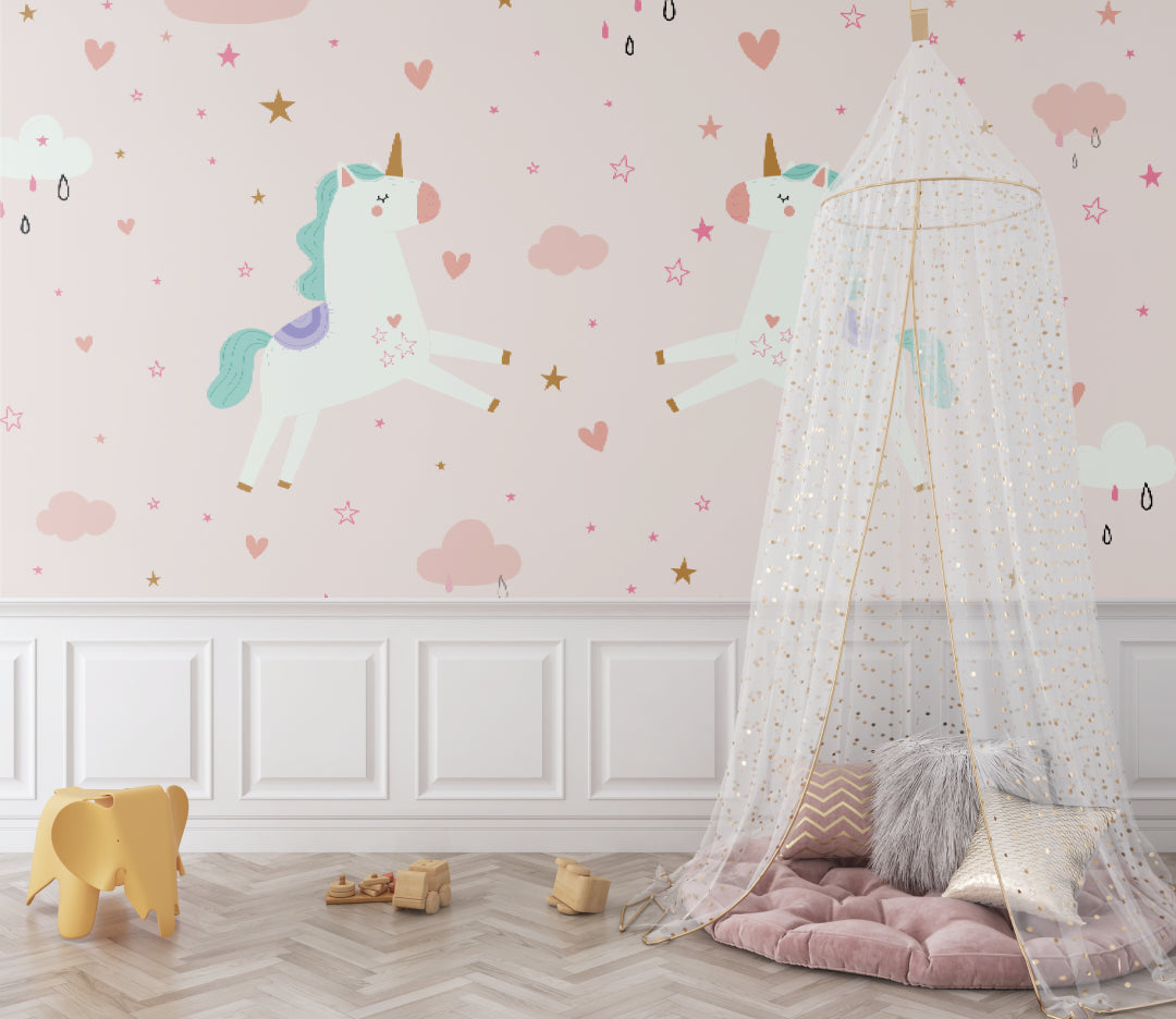 Pastel unicorn mural creating magic in a modern kids room with minimalist furniture