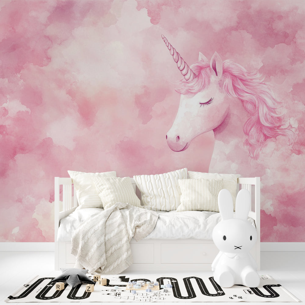 Unicorn and clouds mural wallpaper in a baby's nursery
