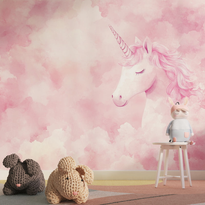 Pink unicorn wallpaper adding whimsy to a reading nook