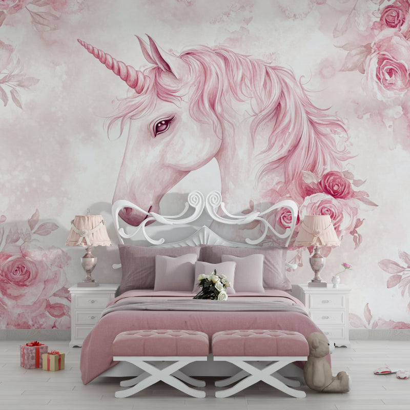 Pink floral unicorn wallpaper featured in a baby girl's room setup