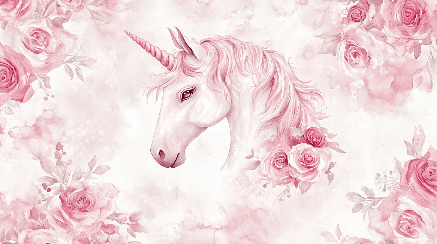 Unicorn wallpaper design file showing detailed pink floral pattern and magical unicorn illustration