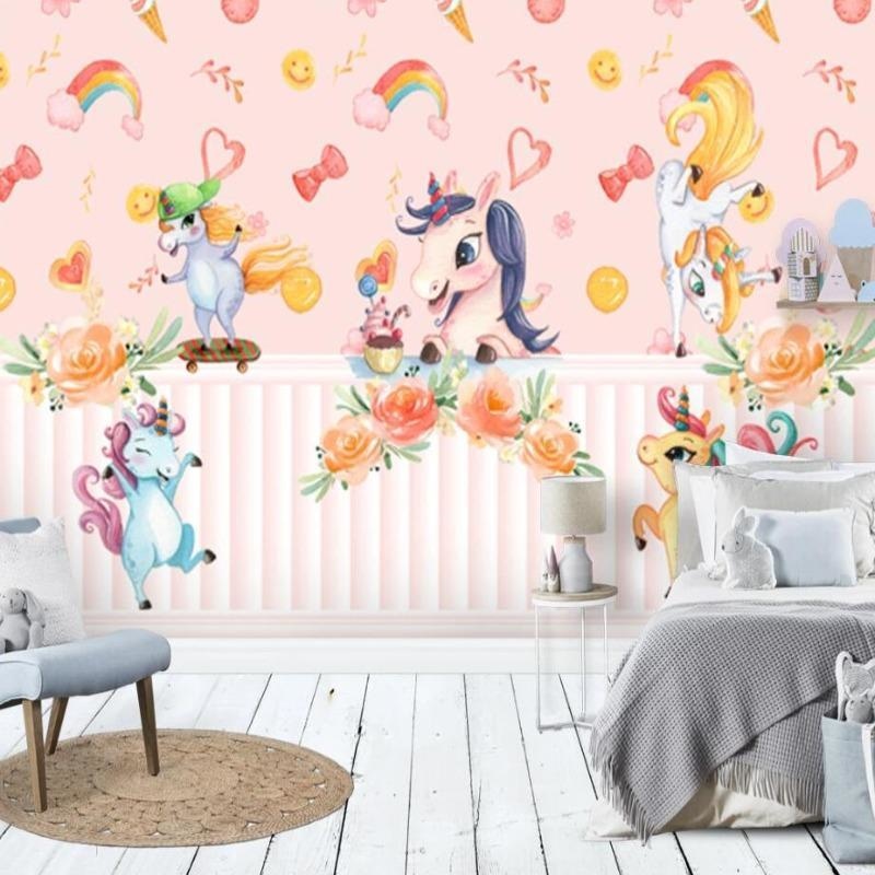Magical Unicorn Wallpaper transforming a playroom with rainbow and floral details